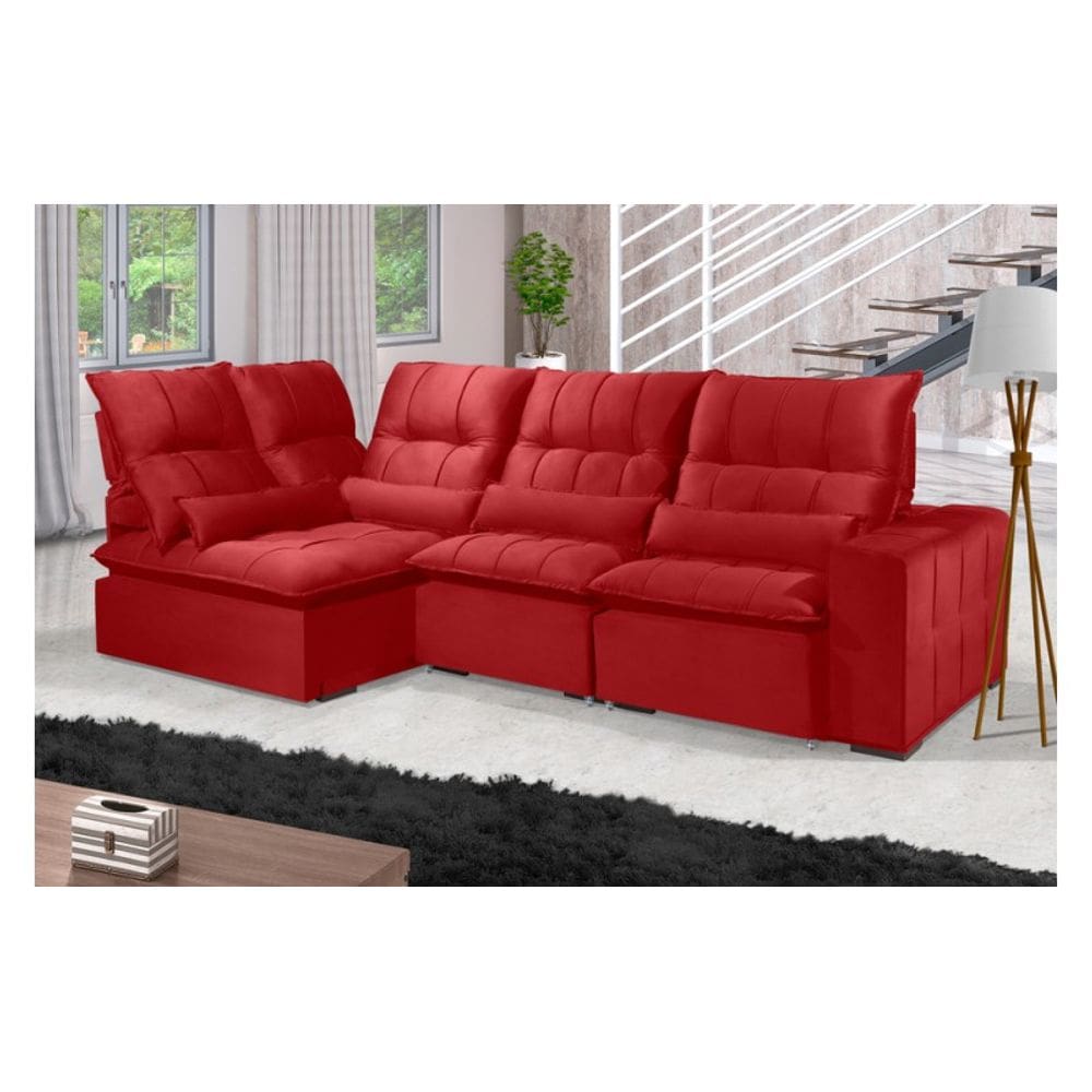 Sofá Retrátil Reclinável ELLOA DE CANTO COM CHAISE 3.25 x 1.80m ESTILO ESTOFADOS - França Velusoft COR "VERMELHO"