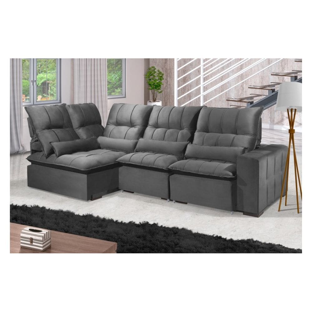 Sofá Retrátil Reclinável ELLOA DE CANTO COM CHAISE 3.45 x 1.80m ESTILO ESTOFADOS - França Velusoft COR "CINZA"