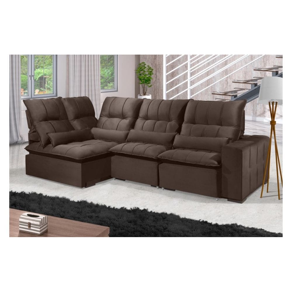 Sofá Retrátil Reclinável ELLOA DE CANTO COM CHAISE 3.45 x 1.80m ESTILO ESTOFADOS - França Velusoft COR "MARROM"