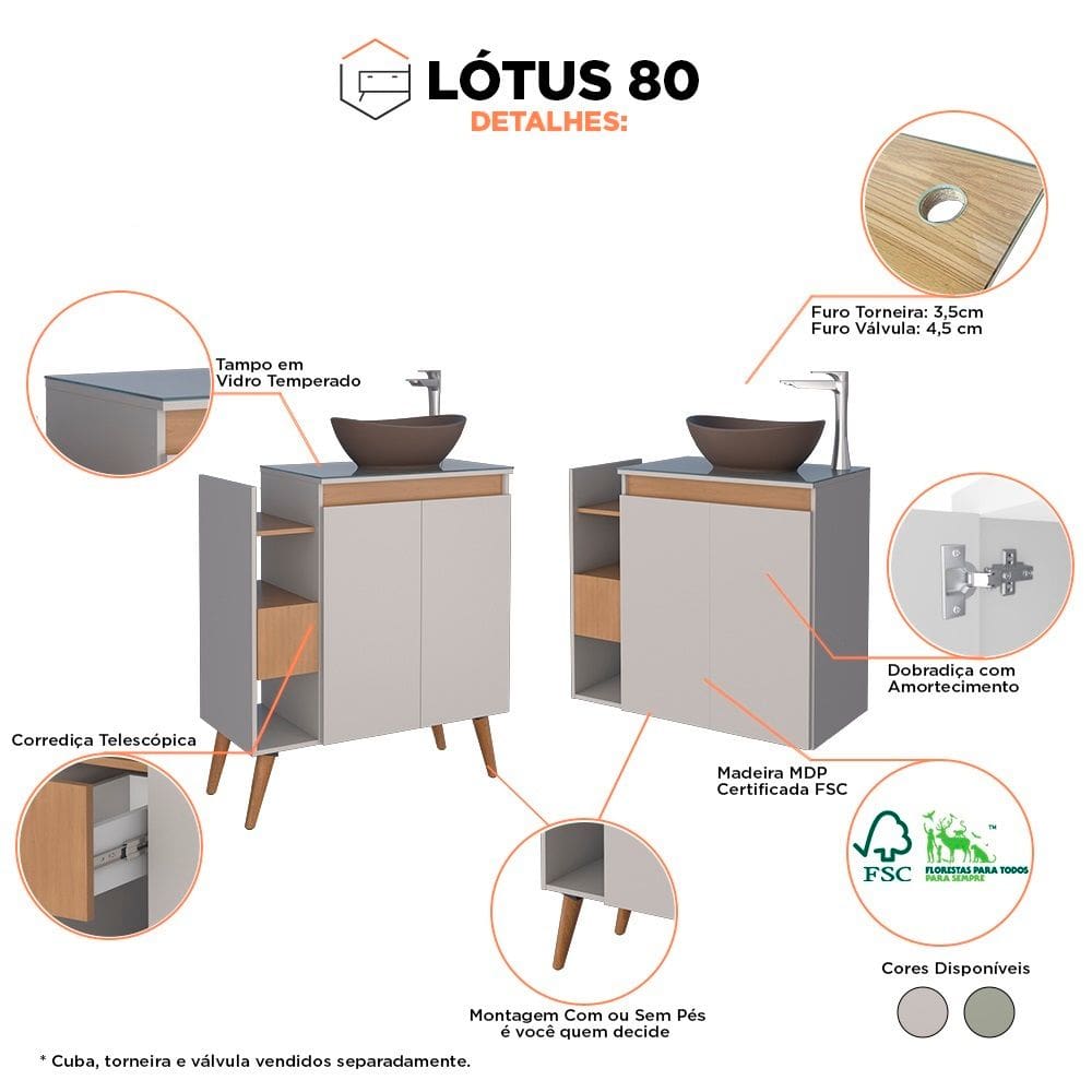 Gabinete P/ Banheiro Em Madeira Lotus 80 Com/Sem Pes Nude - Cozimax