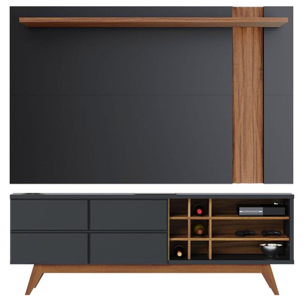 Rack Bancada Noronha 1.8 com Painel para Tv Suspenso Extensivo Leme Preto Acetinado Noce Milano - Colibri