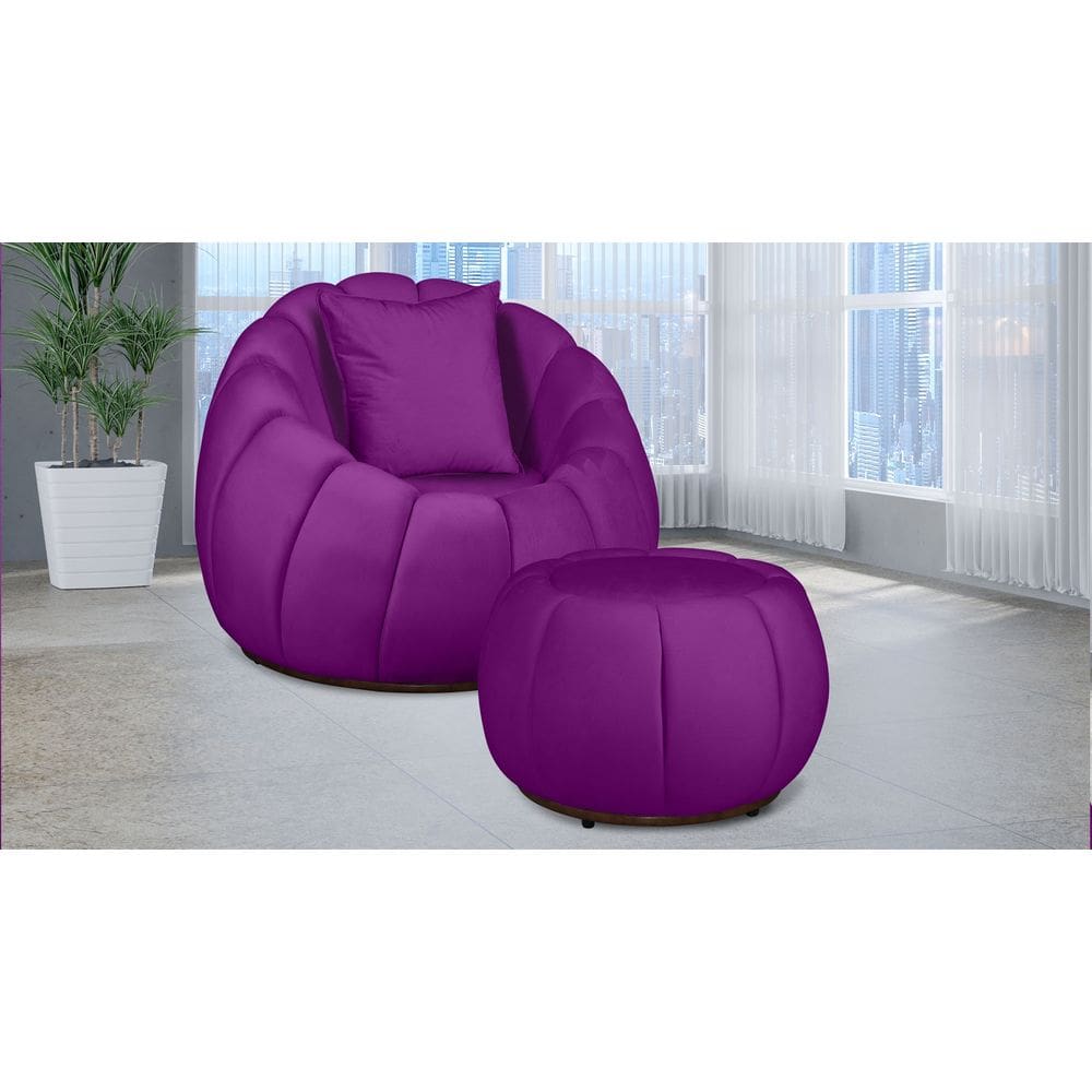 Kit Poltrona Giratória Concha C/ Puff + Almofada Veludo Roxo - Londrilar
