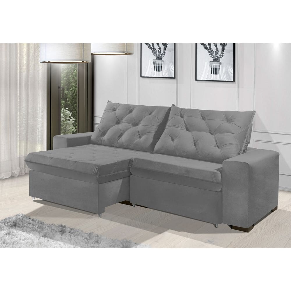 Sofá Retrátil e Reclinável 2.10m ESTILO ESTOFADOS - EUROPA com SoftGel D33 Velupluma "Prata"