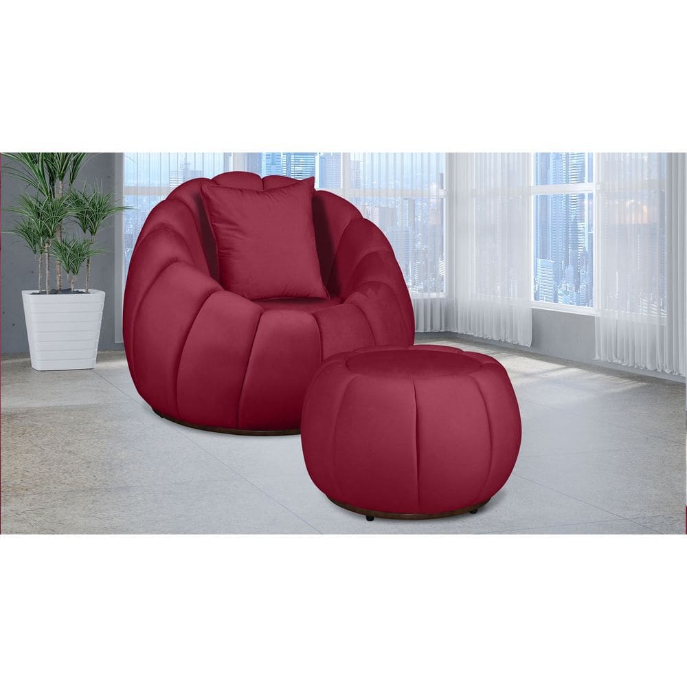 Kit Poltrona Giratória Concha C/ Puff + Almofada Veludo Vermelho - Londrilar