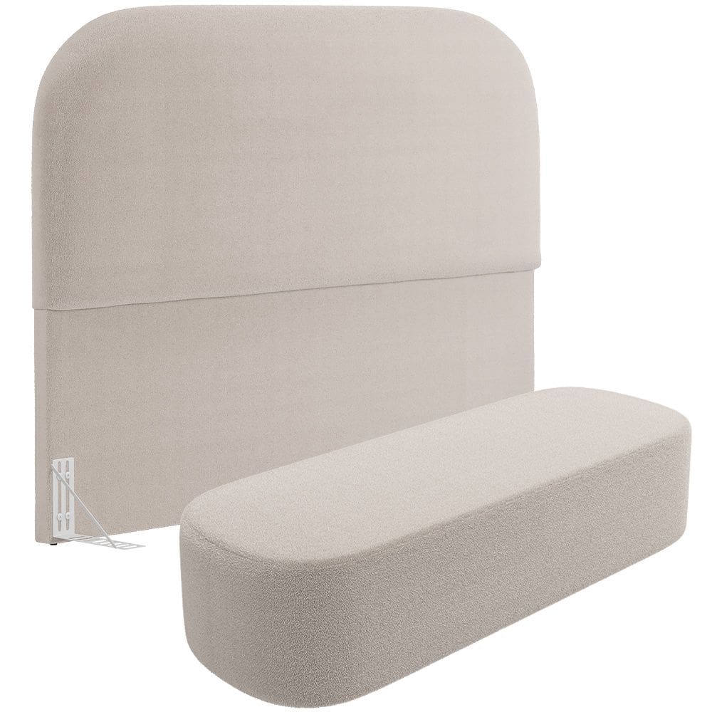 Cabeceira Cama Box Queen 160cm Lanna com Puff Recamier Doha W01 Bouclê Creme - Lyam Decor