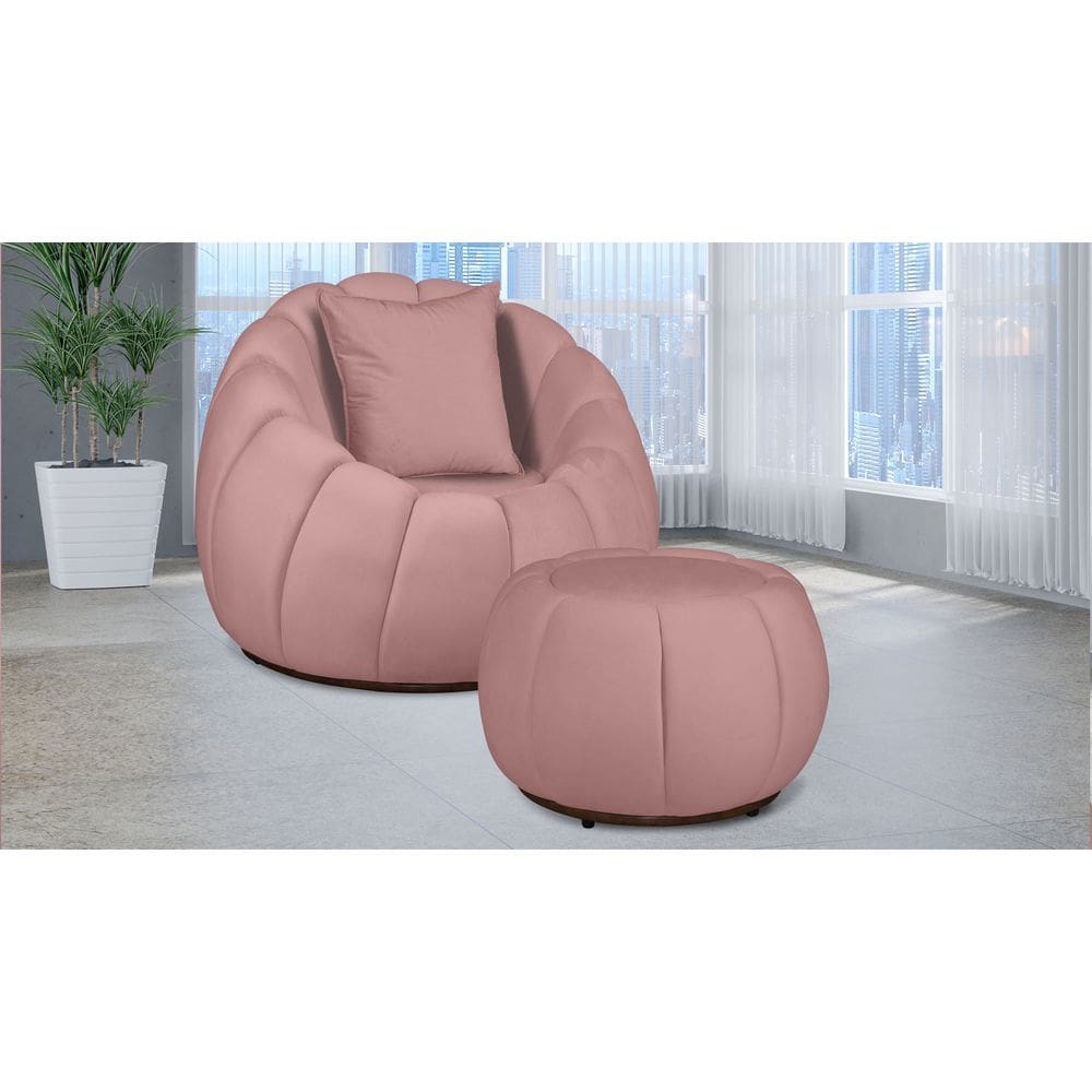 Kit Poltrona Giratória Concha C/ Puff + Almofada Veludo Rosa - Londrilar