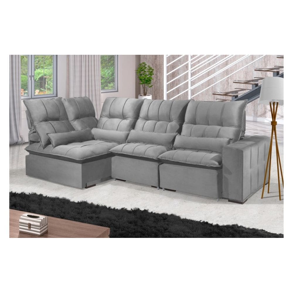 Sofá Retrátil Reclinável ELLOA DE CANTO COM CHAISE 3.85 x 1.80m ESTILO ESTOFADOS - França Velusoft COR "PRATA"