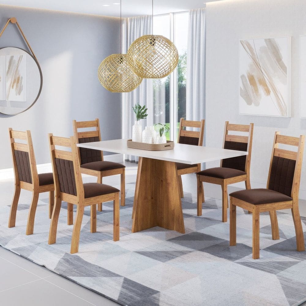 Mesa de Jantar Retangular Griss 1,60x80 com 6 Cadeiras Sicilia Mel/ Blonde/ Bombom
