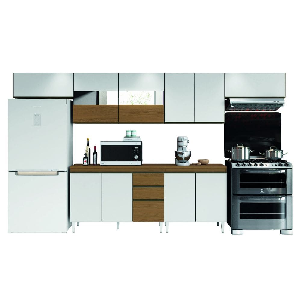 Armário de Cozinha Completa com Vidro Reflecta 11 Portas 2 Gavetas Clara Atacama/Branco Aramóveis