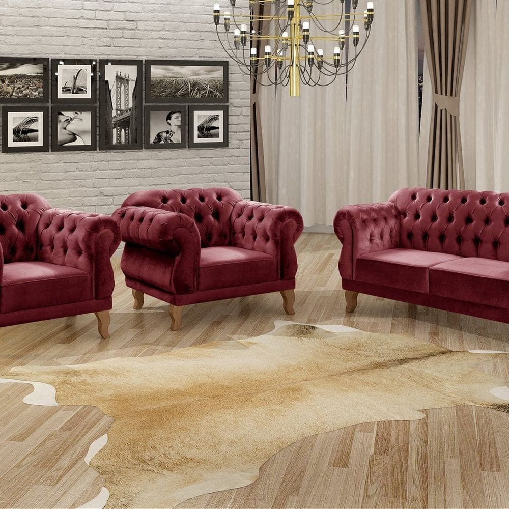 Conjunto Sofá Duquesa Chesterfield 2 Lugares e 2 Poltronas Bordô