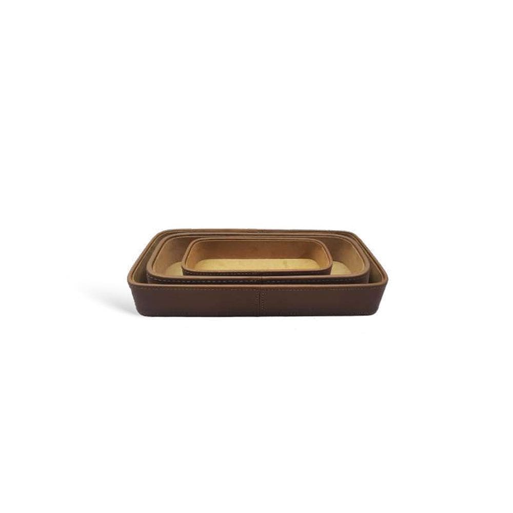 Conjunto 3 Bandejas Decorativas em Couro Sintético Marrom TH0071 BTC