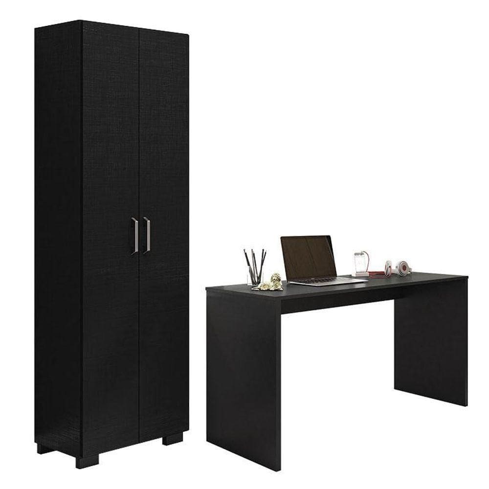 Mesa Para Computador Gávea E Livreiro Office Com Portas Grandes Preto Trama - Móveis Leão