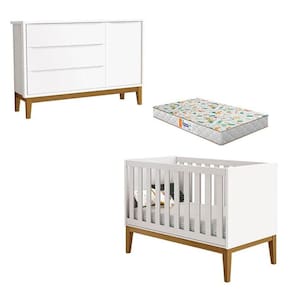 Berço Americano E Cômoda New Classic Branco Com Pés Madeira E Colchão Gazin - Reller