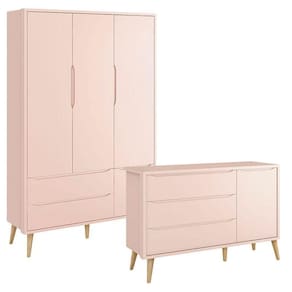 Guarda Roupa Infantil 3 Portas E Cômoda Theo 1 Porta Rosa Com Pés Madeira Natural - Reller