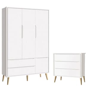Cômoda Gaveteiro Infantil E Guarda Roupa 3 Portas Theo Branco Acetinado Pés Madeira Natural - Reller