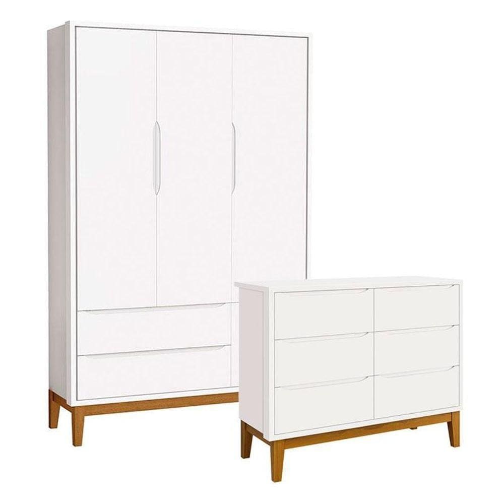 Cômoda 6 Portas E Guarda Roupa Infantil 3 Portas New Classic Branco Acetinado Com Pés Madeira - Reller
