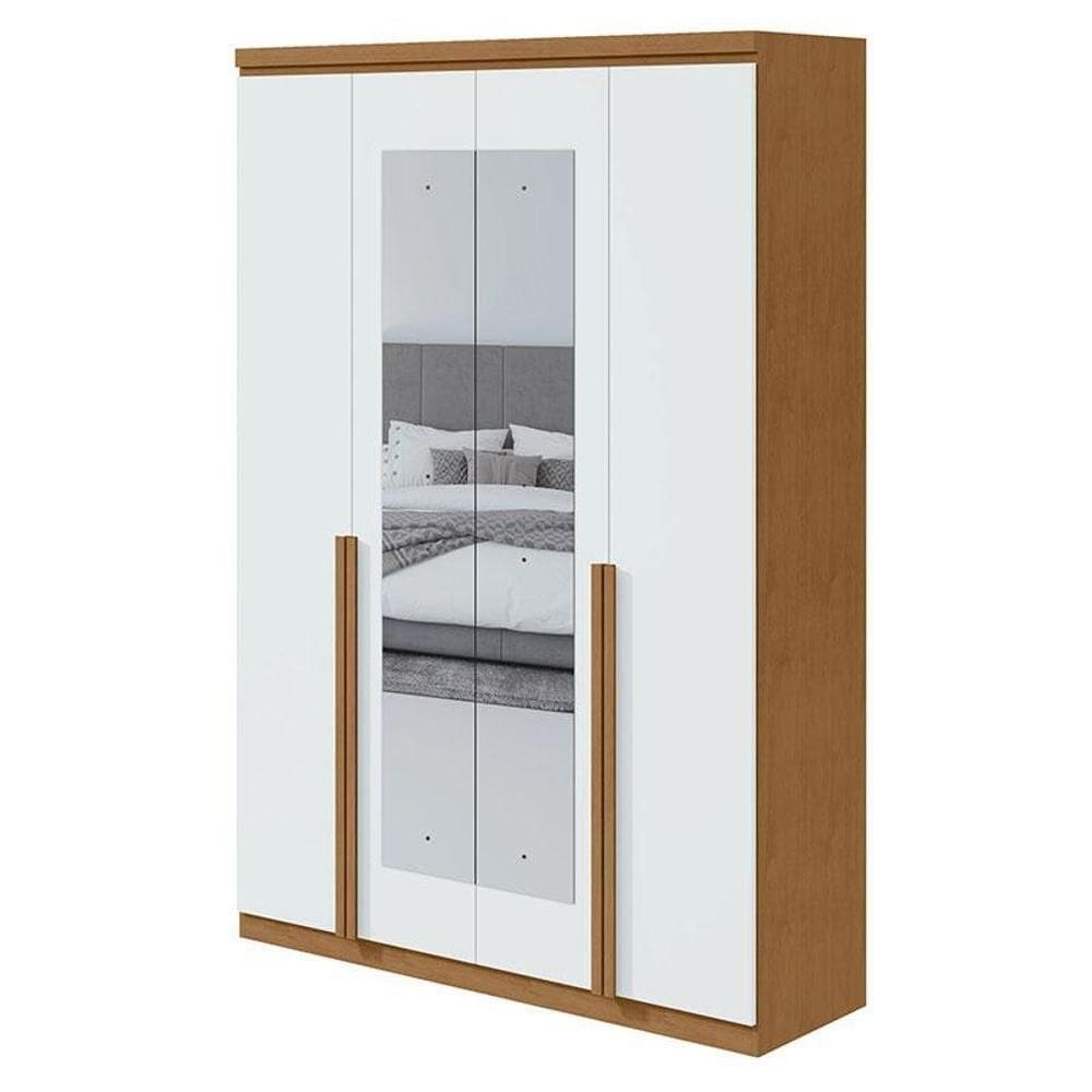 Guarda Roupa Solteiro Alonzo 4 Portas Amêndoa Clean Branco Com Espelho - Lopas