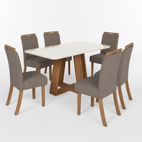 Conjunto Sala Jantar Mesa Lins 160cm Canto Arredondado com Vidro + 6 Cadeiras Bella Marrom/Off White/Marrom Amêndoa