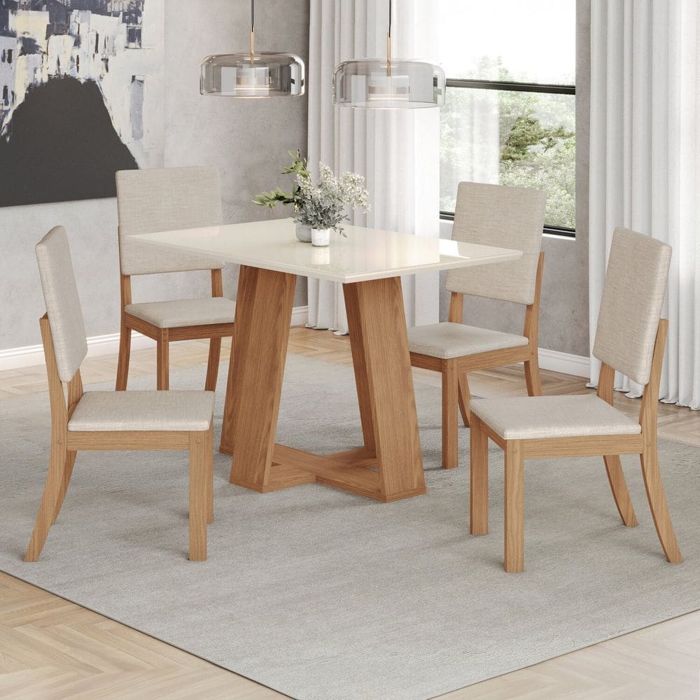Conjunto Sala Jantar Mesa Lins 120cm Canto Reto com Vidro + 4 Cadeiras Milla Marrom/Off White