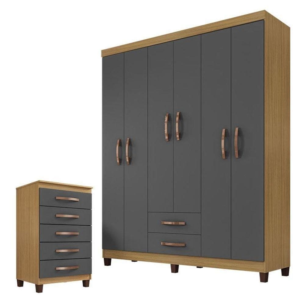 Guarda Roupa Casal Módena E Cômoda Cannes 5 Gavetas Carvalho Americano Grafite - Incorplac