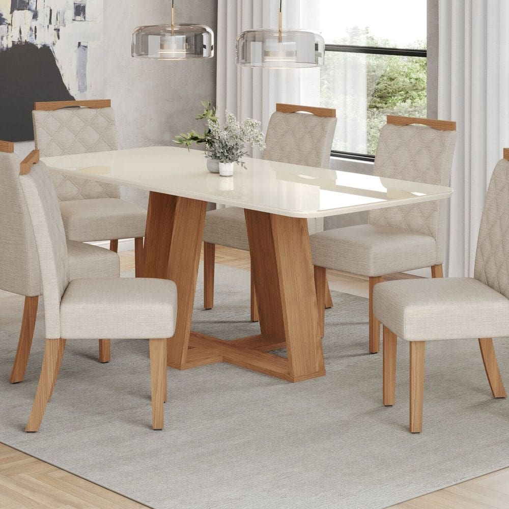 Conjunto Sala Jantar Mesa Lins 160cm Canto Arredondado com Vidro + 6 Cadeiras Bella Marrom/Off White