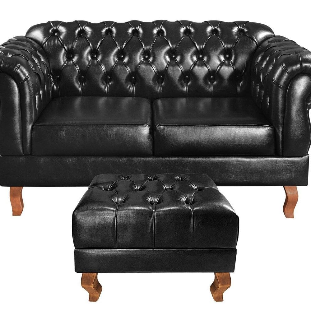 Sofá 2 Lugares com Puff Duquesa Decoração Sara Recepção Chesterfield Preto