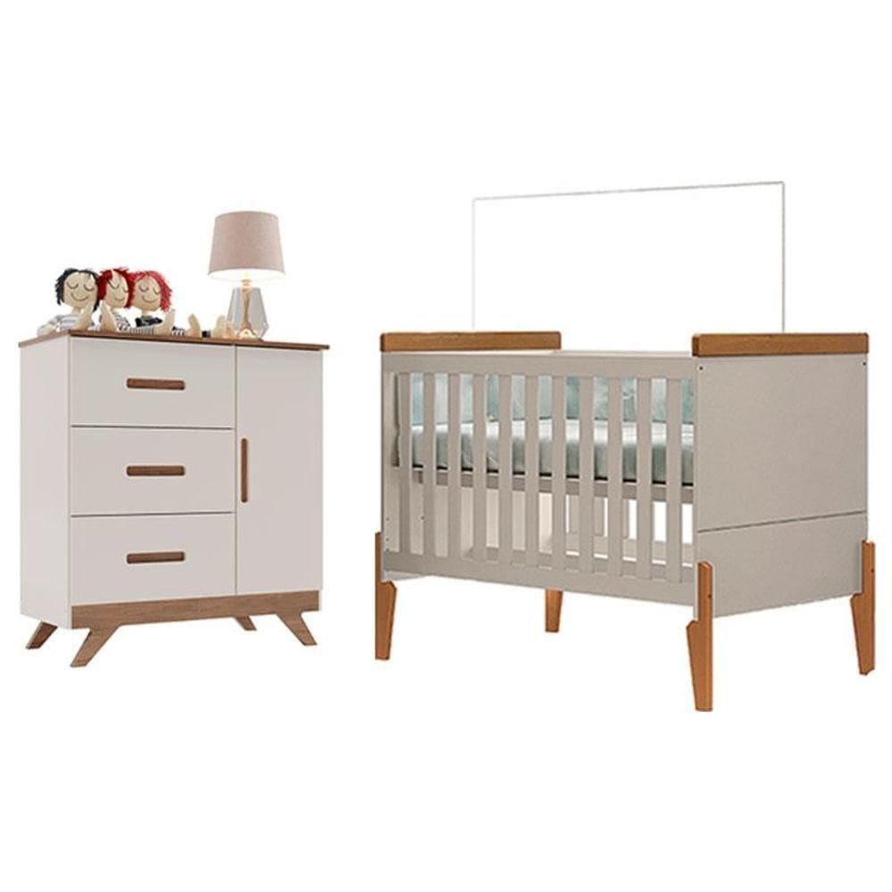 Berço Americano Emilly Com Cômoda Infantil Retro Maya Off White Carvalho - Canaã