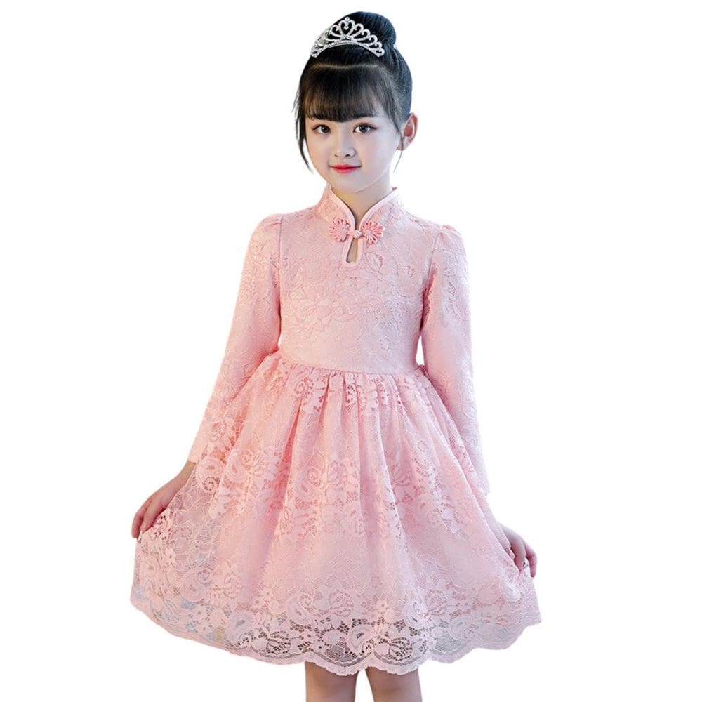 Vestido Infantil Renda Rosa Festas Manga Longa