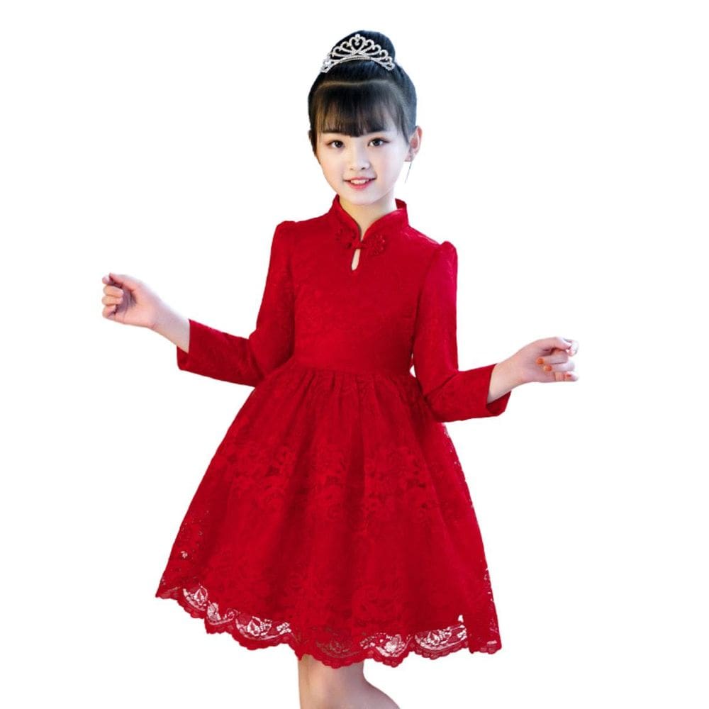 Vestido Infantil Renda Vermelho Festas Manga Longa