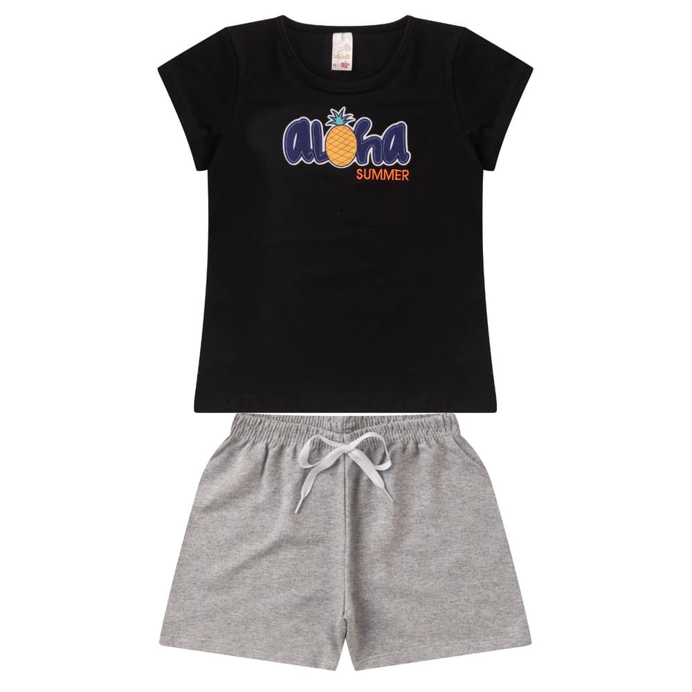 Conjunto Infantil Juvenil Menina Verão Blusa Manga Cotton e Shorts de Moletinho com Elástico