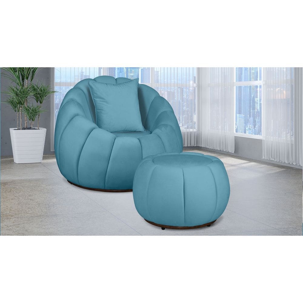 Kit Poltrona Giratória Concha C/ Puff + Almofada Veludo Azul Turquesa - Londrilar