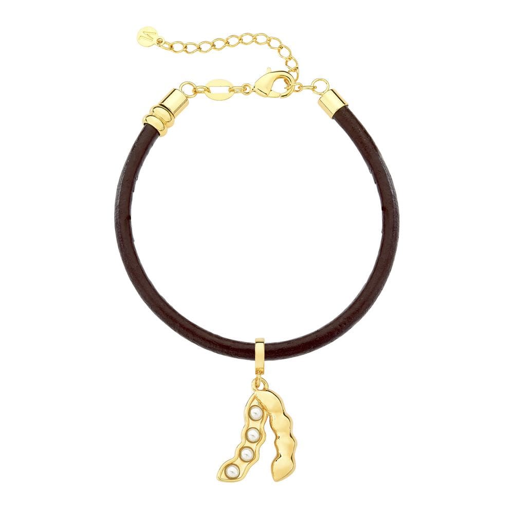 Pulseira de Couro Natural com Charm Soja 4 Pérolas