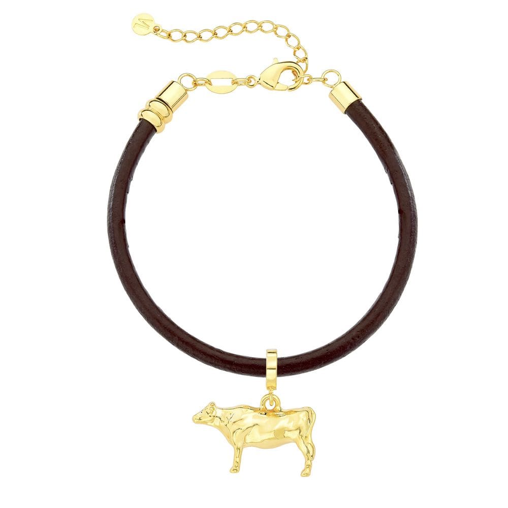 Pulseira de Couro Natural com Charm Boi Revestido em Ouro