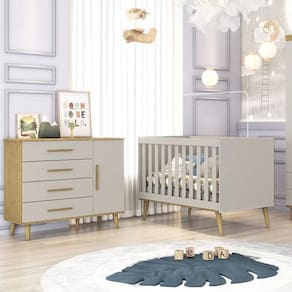 Berço Americano E Cômoda Infantil Ambiente Ludmila Off White Bétula - Carolina Baby