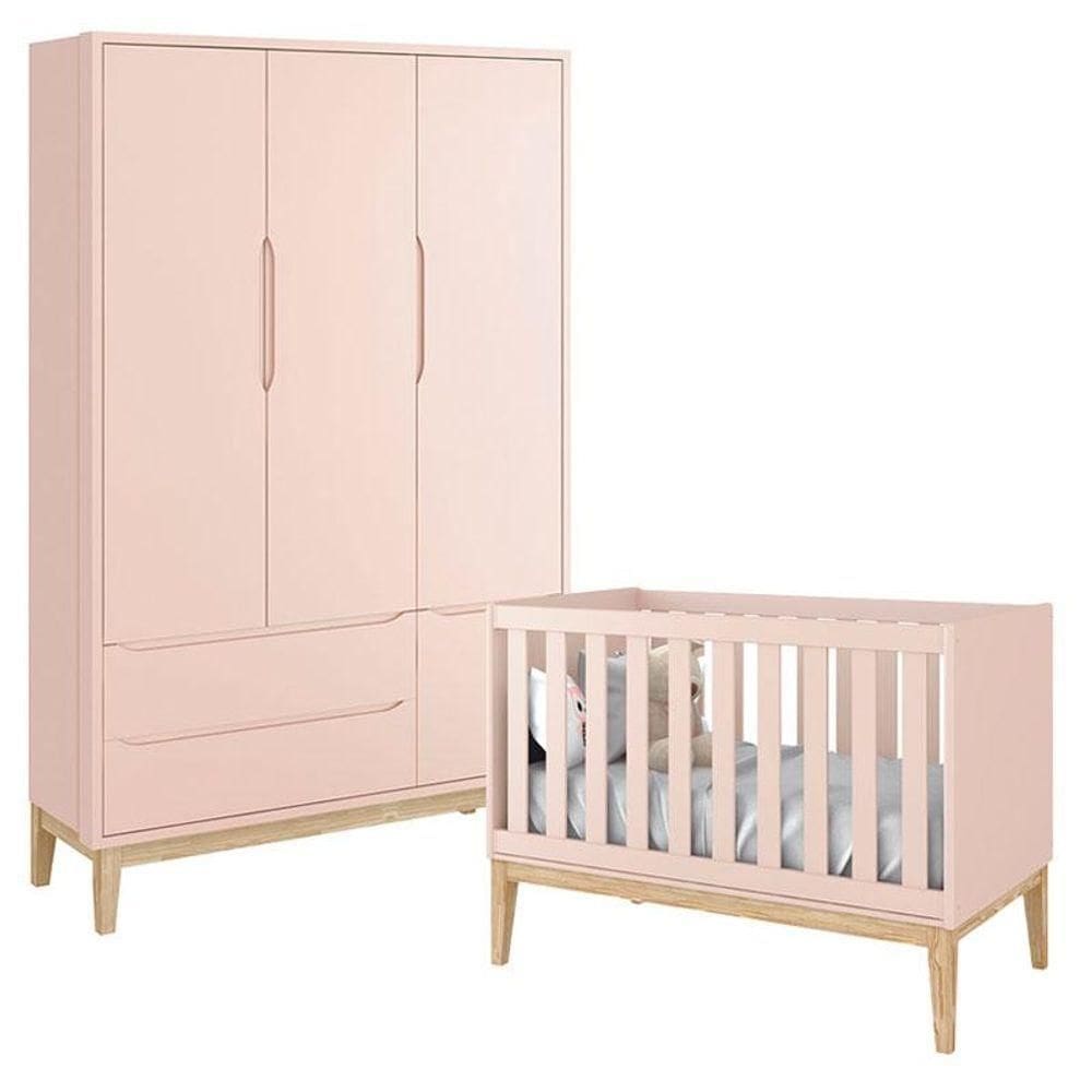 Berço Americano E Guarda Roupa Classic 3 Portas Rosa Com Pés Madeira Natural - Reller