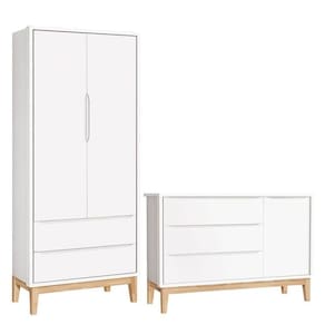 Cômoda Com Porta E Guarda Roupa Infantil 2 Portas New Classic Branco Com Pés Madeira Natural - Reller