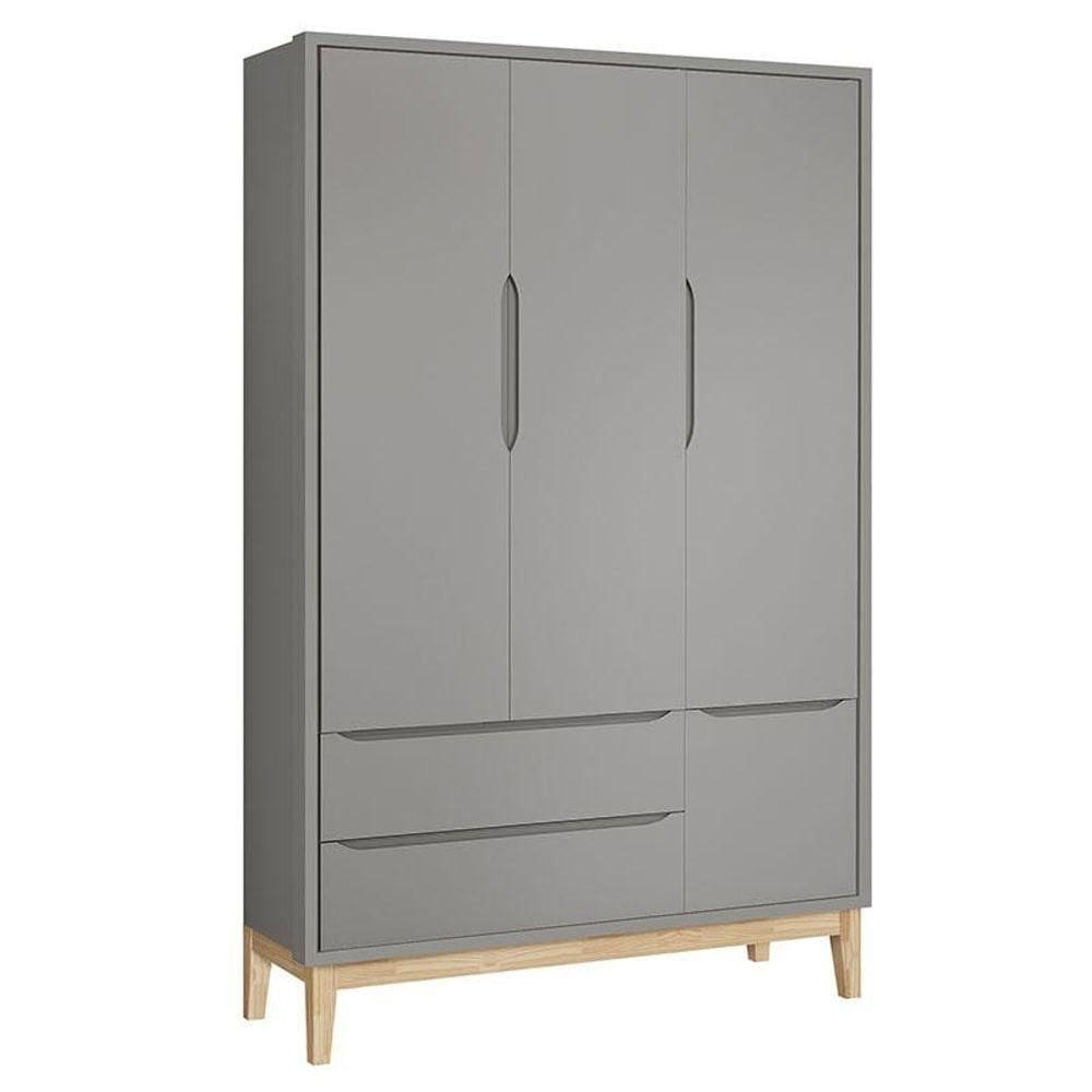 Guarda Roupa Infantil New Classic 3 Portas Cinza Com Pés Madeira Natural - Reller