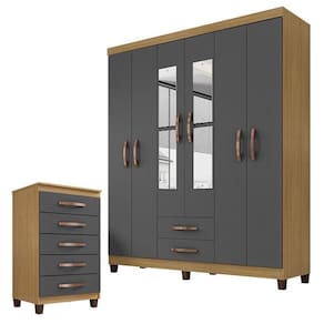 Guarda Roupa Casal Modena Com Cômoda Cannes 5 Gavetas Grafite - Incorplac