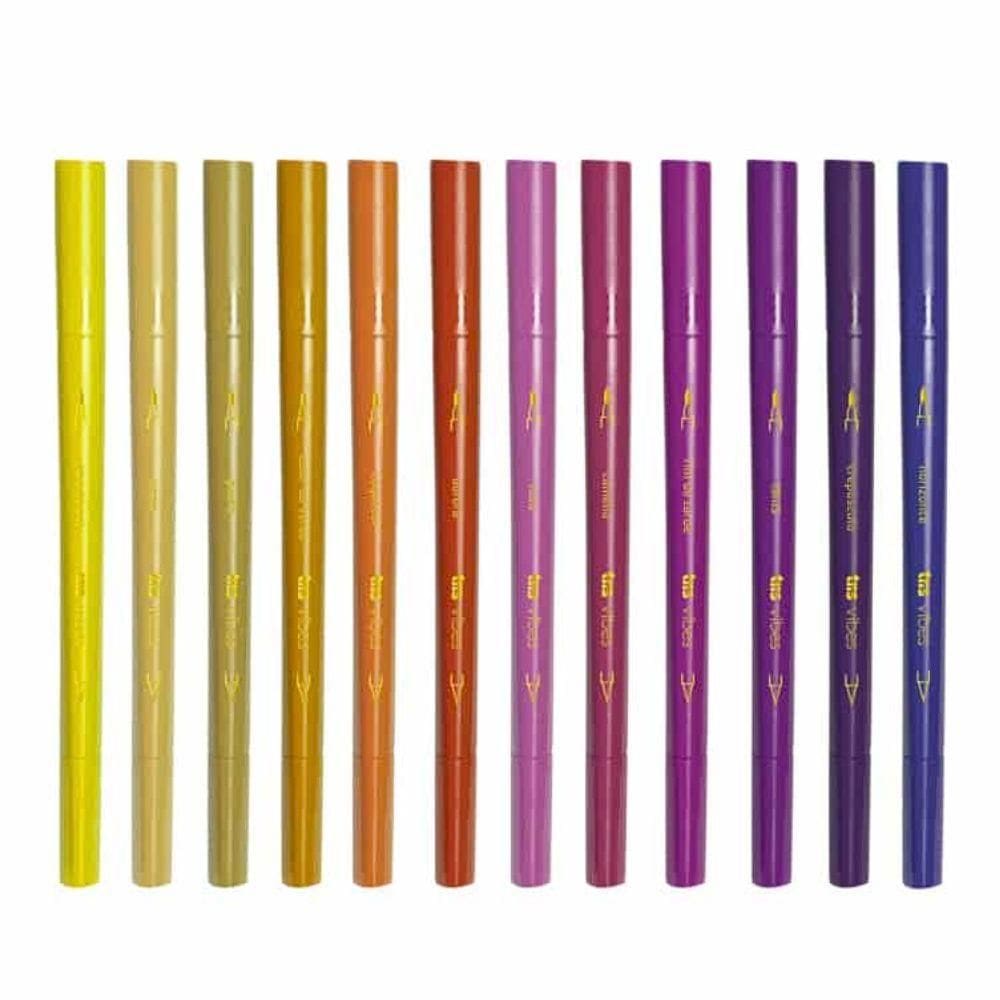 Canetas Brush Ponta Dupla Pincel + Superfina Vibes Sketch Entardecer 12 Cores Tris