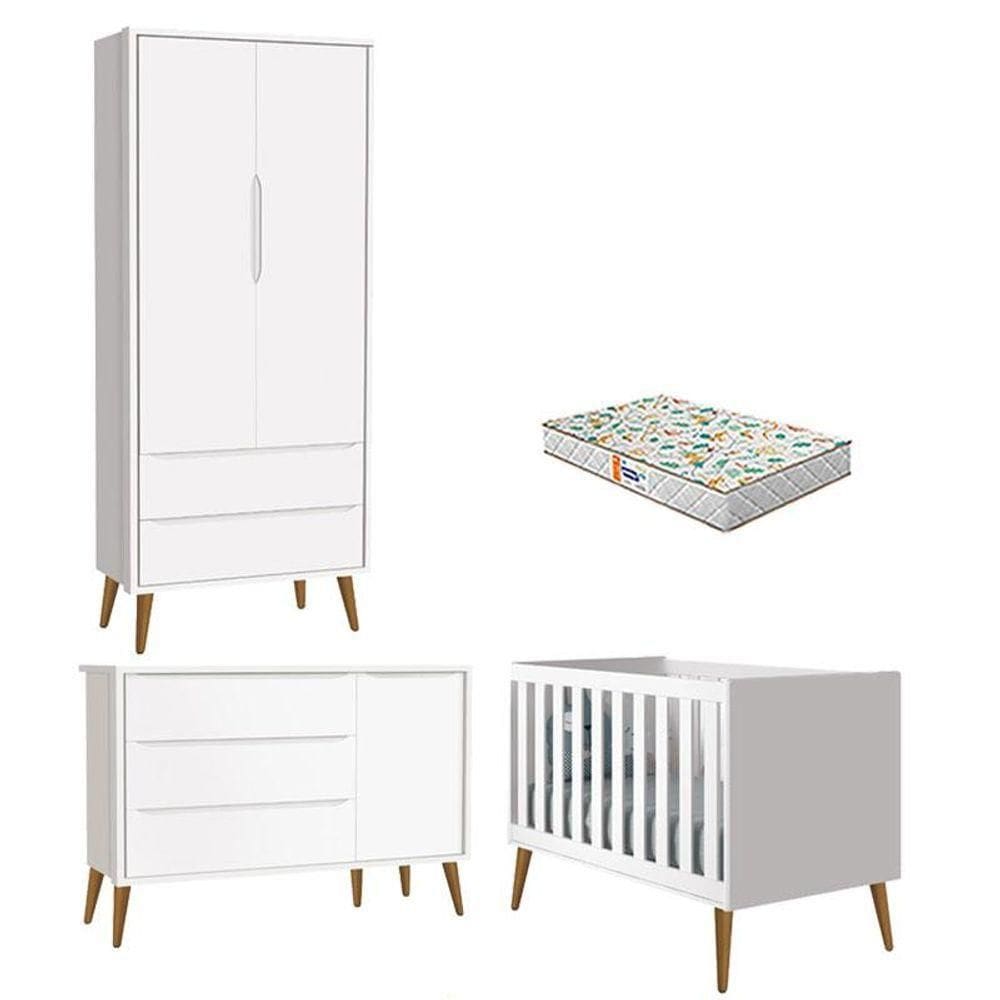 Quarto De Bebê 2 Portas Theo Branco Pés Amadeirados Com Colchão Gazin - Reller