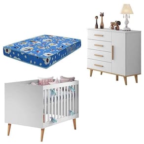 Berço Americano E Cômoda Infantil Ludmila Branco Bétula Com Colchão Ortobom - Carolina