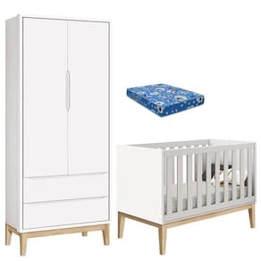 Berço Americano Com Colchão E Guarda Roupa Classic 2 Portas Branco Pés Madeira Natural - Reller