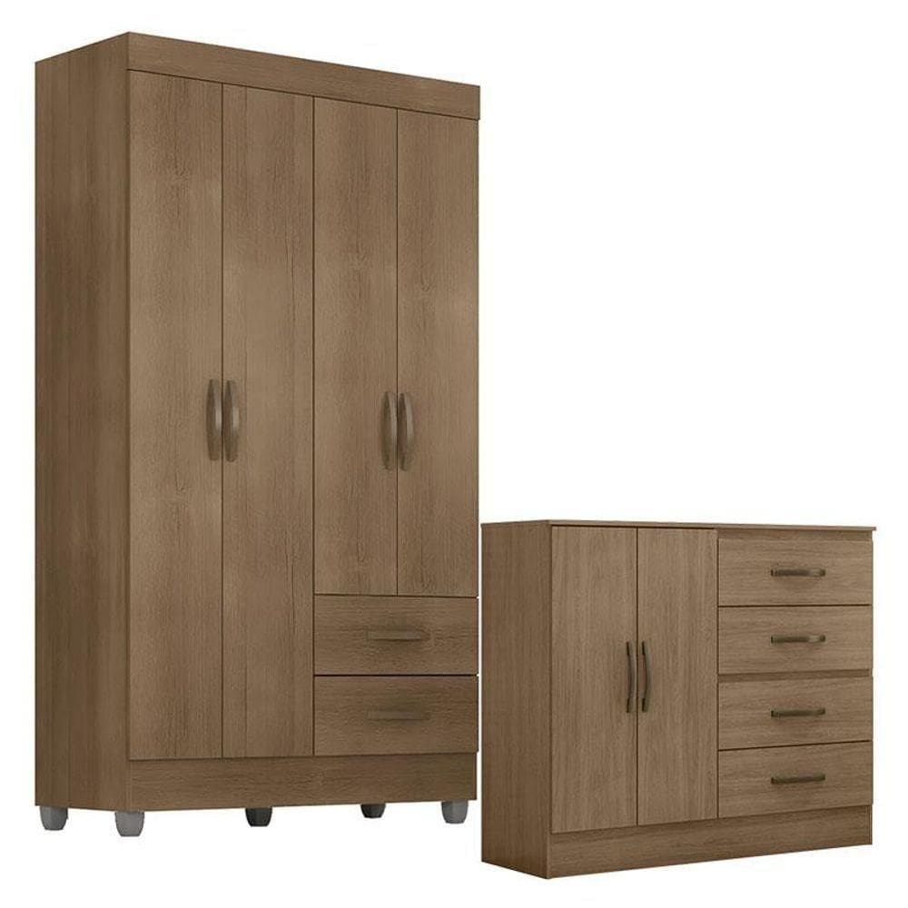 Guarda Roupa Solteiro 4 Portas E Cômoda 4 Gavetas E 2 Portas Lite Carvalho Oak - Móveis Leão