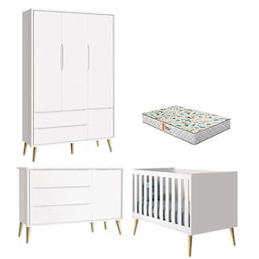 Quarto De Bebê 3 Portas Theo Branco Pés Madeira Natural Com Colchão Gazin - Reller