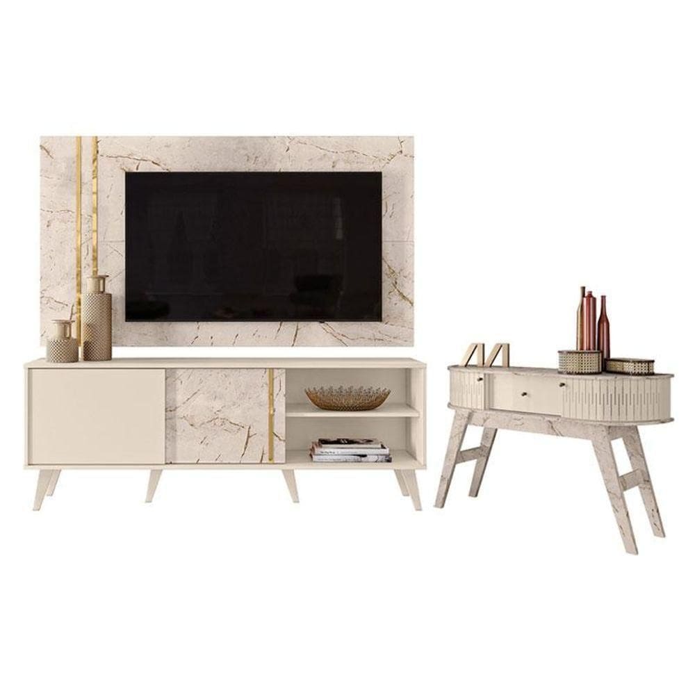 Rack Bancada E Painel Para Tv Cronos Com Aparador Estoril Calacata Off White - Madetec