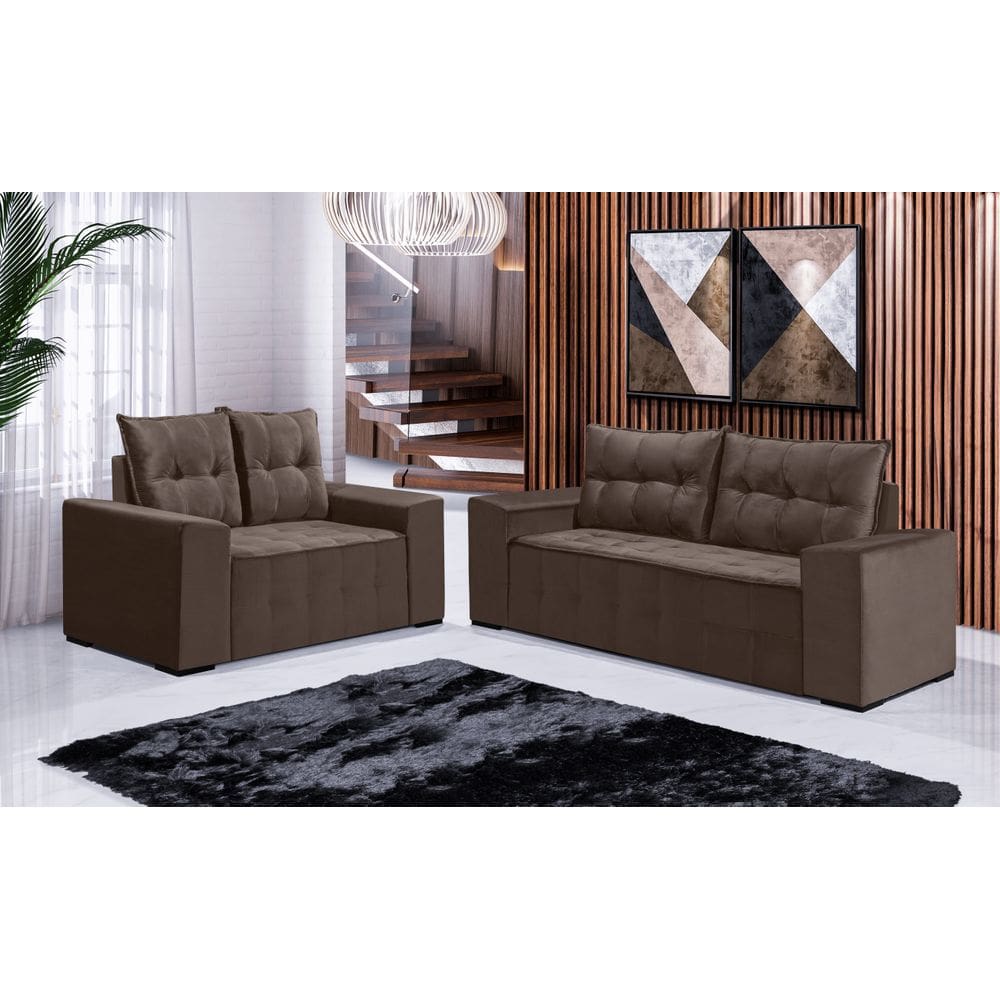 Conjunto Sofá de Veludo 3 e 2 lugares ESTILO ESTOFADOS Las Vegas 2,00x1,50m \"Marrom\"