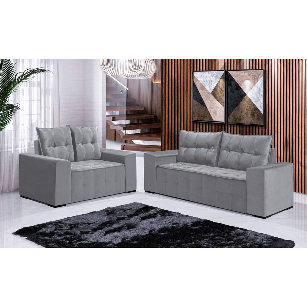 Conjunto Sofá de Veludo 3 e 2 lugares ESTILO ESTOFADOS Las Vegas 2,00x1,50m "Prata"
