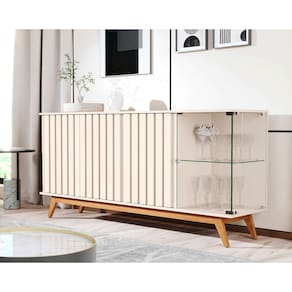 Aparador Buffet Ripado Sala Açaí 4 Portas com Pés de Madeira com Vidro OffWhite - Rede Móveis