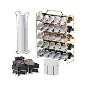 Kit Suporte Cápsulas Nespresso + Porta Guardanapos Copos Sachês Preto Dourado - Future