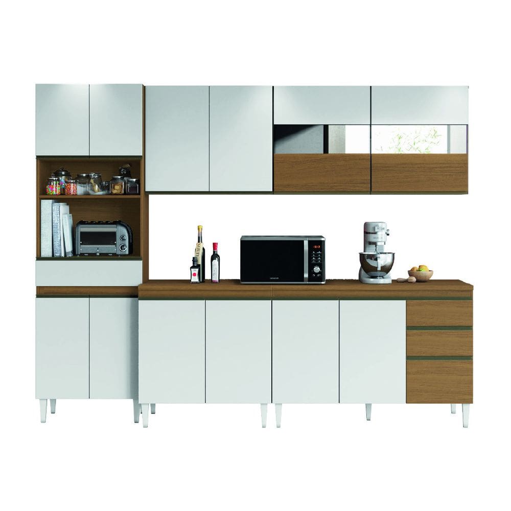 Armário de Cozinha Completa com Vidro Reflecta 13 Portas e 3 Gavetas Clara Atacama/Branco Aramóveis